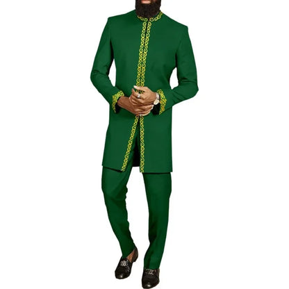 African Muslim Men Wedding Suit 2 Piece Set Long Sleeve Round Neck Top and Pants Traditional Style