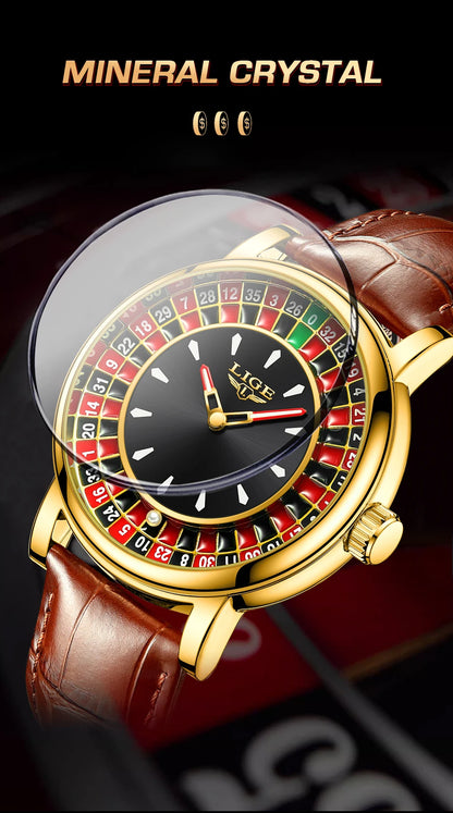 LIGE Creative Golden Mens Watches Roulette Game Dial Fashion Man Watch Waterproof Luminous Quartz Wristwatches Rolling Ball+Box