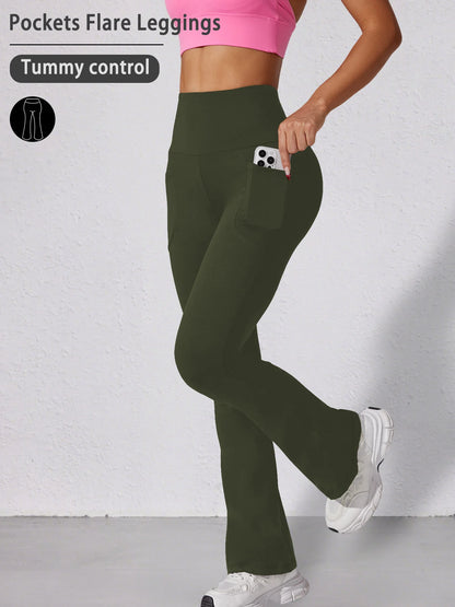 Women Flare Leggings with Pockets High Waisted Super Soft Tummy Control No See Through Yoga Running Workout Home Casual