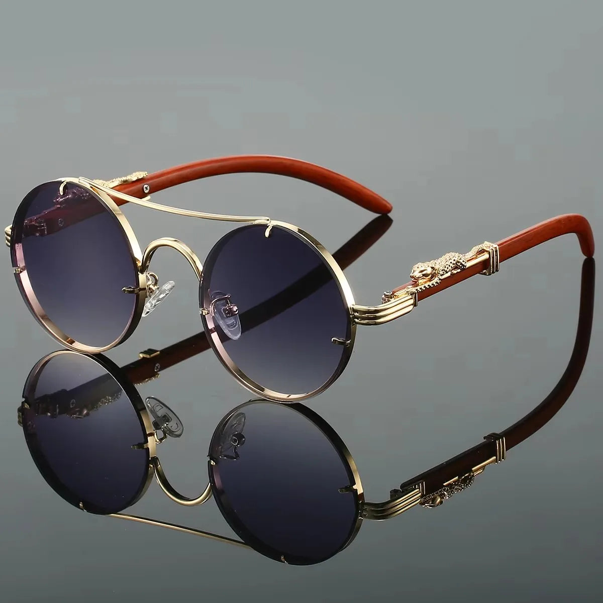 Vintage Round Double Bridge Sunglasses – Gold Frame & Wood Grain Temples with Dragon Carving, UV400 Gradient Lens, Steampunk Sty
