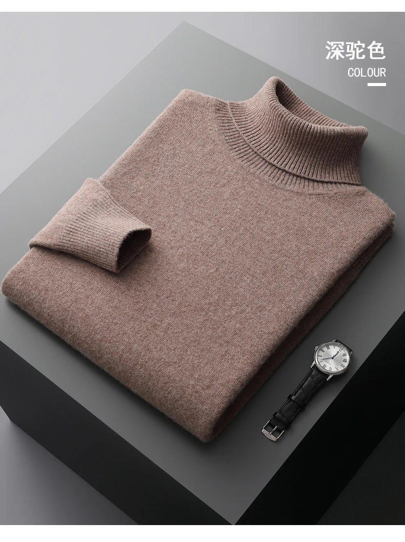 Autumn and winter new 100% pure merino wool pullover men's turtleneck cashmere sweater thickened warm  loose solid color top