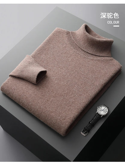 Autumn and winter new 100% pure merino wool pullover men's turtleneck cashmere sweater thickened warm  loose solid color top