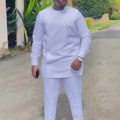 African Muslim Men Wedding Suit 2 Piece Set Long Sleeve Round Neck Top and Pants Traditional Style