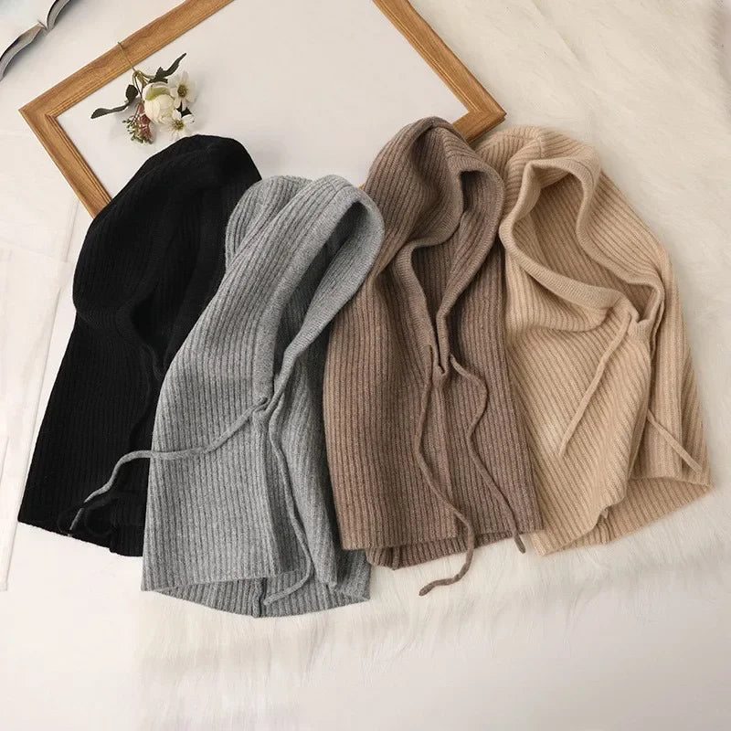 Knitted Hooded Caps Winter Balaclava Hats Women Korean Style Outdoor Warmer Drawstring Hats One-piece Neck Collar Beanies Cap