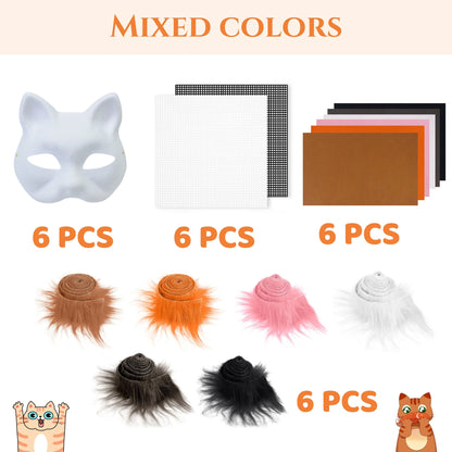 6 Sets Therian Mask Kit Paper Blank Masks Half Face Hand-painted Cat Mask DIY Masks For Masquerade Cosplay Party Christmas Gifts