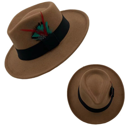 Fedora Men's Feather Wide-brimmed Hat Unisex Wool Felt Jazz Top Hat Autumn and Winter Ladies Hat Church Men's Hat Casual