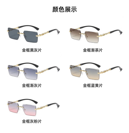 Retro Rimless Square Sunglasses For Men Cut Edge UV400 Leopard Decorative Shades Gradient Lens Sun Glasses for Women