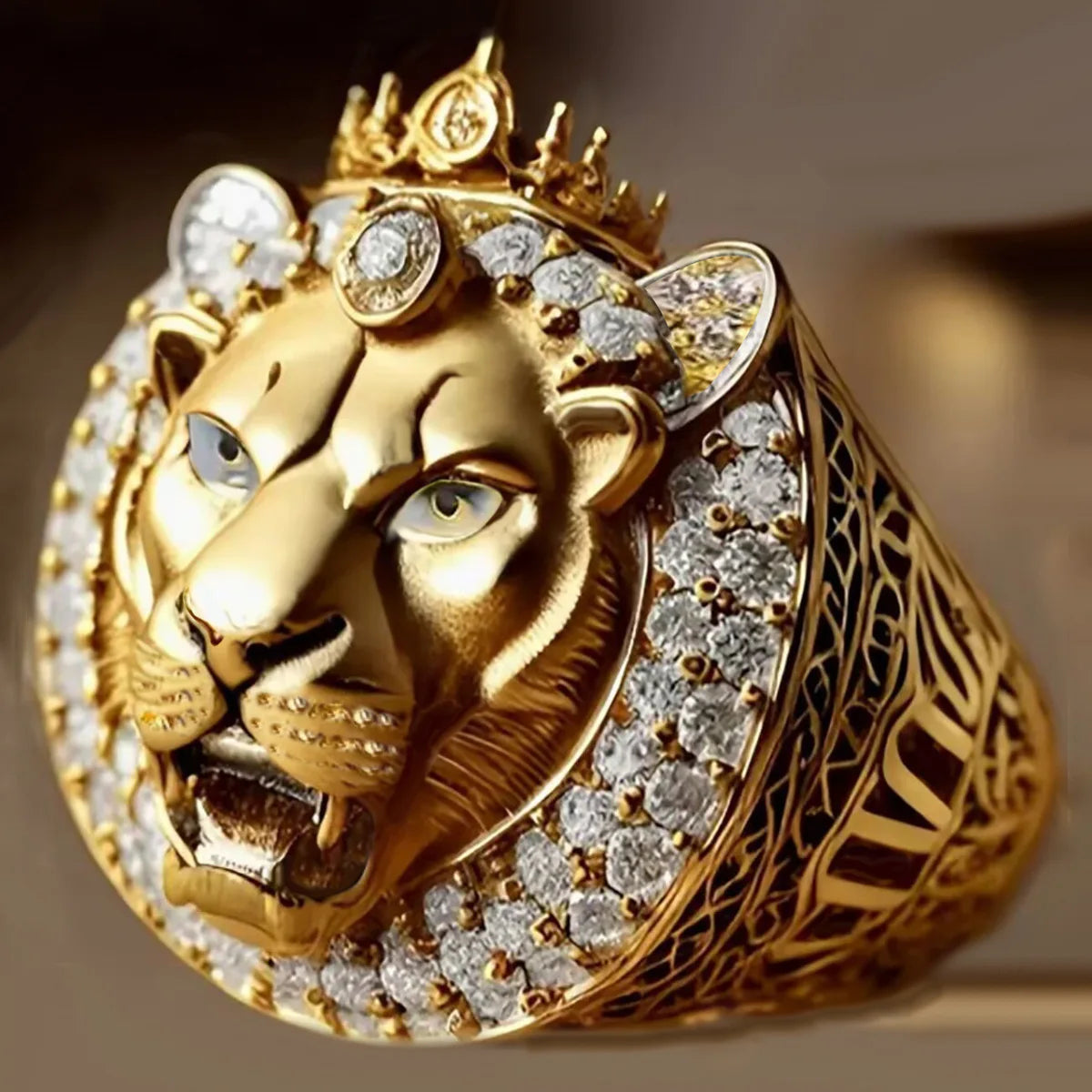 2026 Hot Hip Hop Crown Gold Lion Ring with Iced Out Zirconia, Fashion Jewelry for Men & Women, Perfect Party Gift