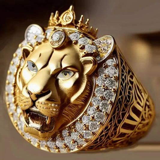 2026 Hot Hip Hop Crown Gold Lion Ring with Iced Out Zirconia, Fashion Jewelry for Men & Women, Perfect Party Gift