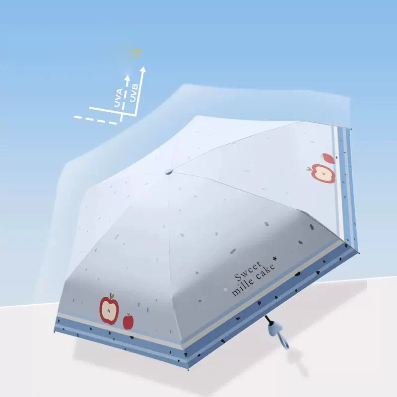 Mini Foldable Fruit Pattern Umbrella UV Resistant Heart-Shaped Handle Sunshade Rain Umbrella for Women