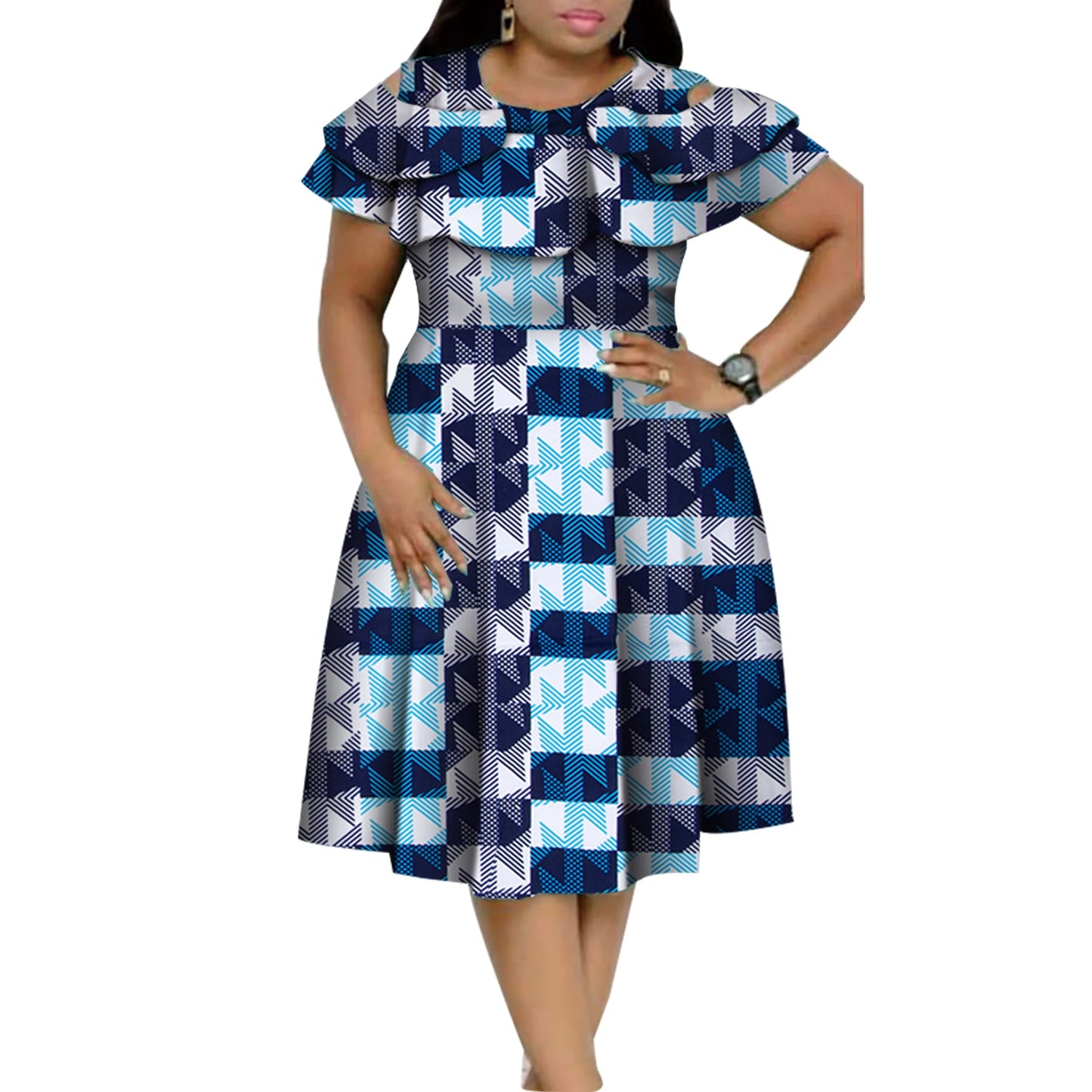 New Bazin Riche African Ruffles Collar Dresses for Women Dashiki Print Pearls Dresses Vestidos Women African Clothing WY4401