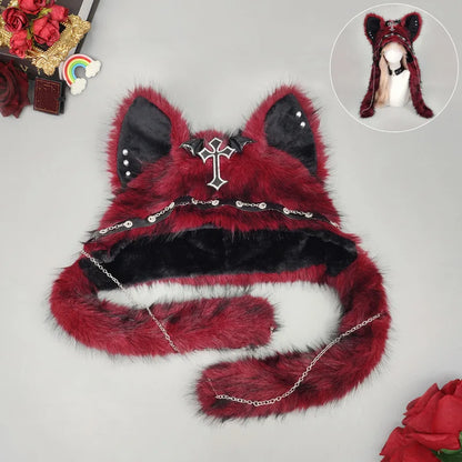 Dark Series Gothic Plush Hat Y2K Cross Metal Style Headwear Cosplay Cat Ear Hat Halloween Punk Rock Warm Cap for Women Men Child