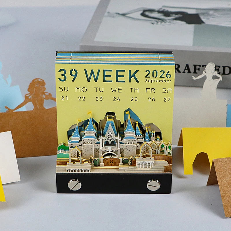 Time Piece Calendar 2026 Desk Calendar With LED Light 3D Tear-away Calendar Paper Carving Art Memo Pad Notepad Gift Christmas