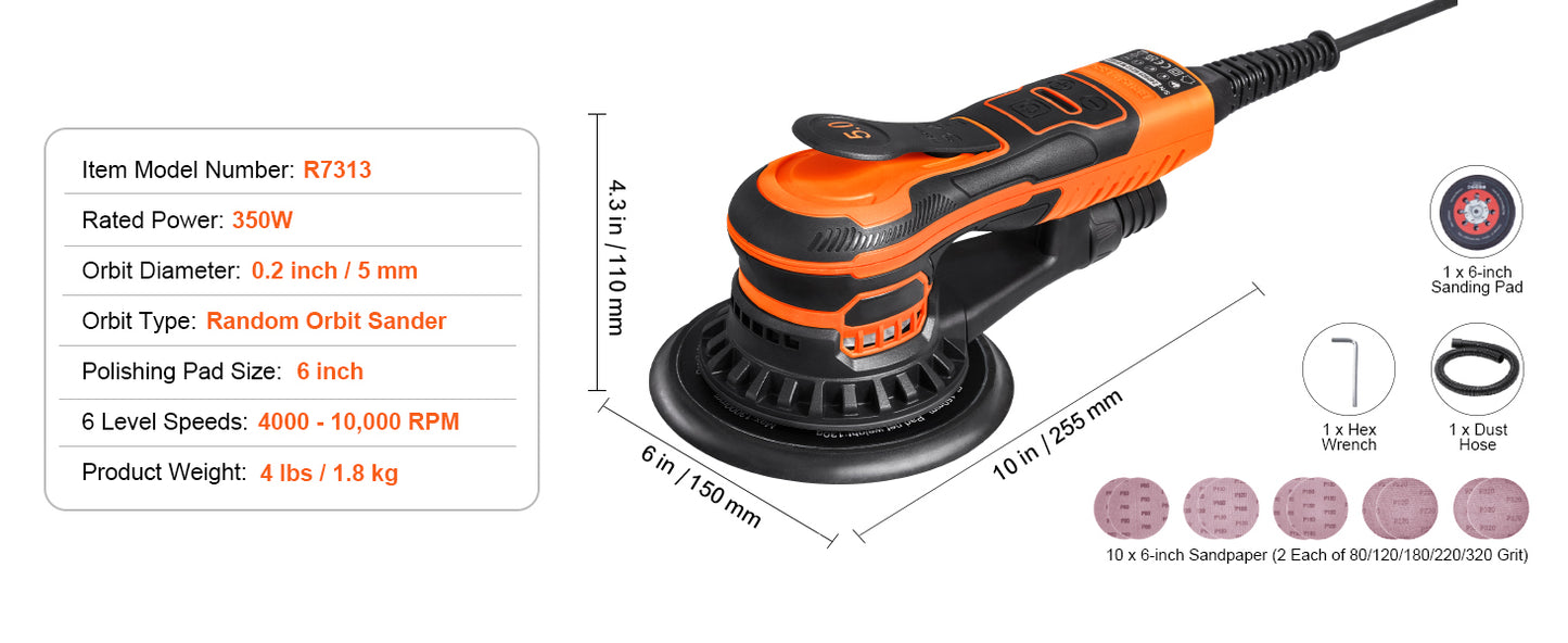 SucceBuy Random Orbital Sander 350W Brushless 10000 PRM 6 Variable Speed Electric Orbital Sander for Woodworking Detail Sanding