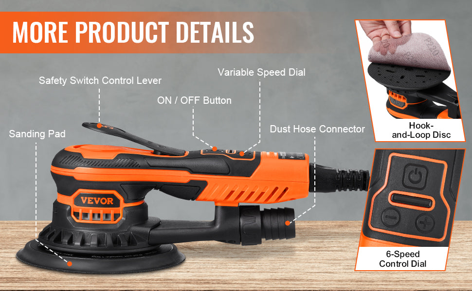 SucceBuy Random Orbital Sander 350W Brushless 10000 PRM 6 Variable Speed Electric Orbital Sander for Woodworking Detail Sanding
