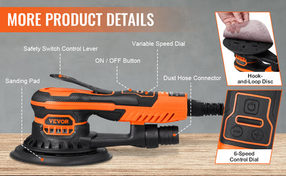 SucceBuy Random Orbital Sander 350W Brushless 10000 PRM 6 Variable Speed Electric Orbital Sander for Woodworking Detail Sanding